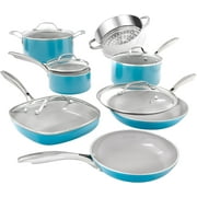 Gotham Steel 12 Piece Pots and Pans Nonstick Set Ceramic Cookware Kitchen Set, With Frying Skillet, Saucepan, Aqua Blue