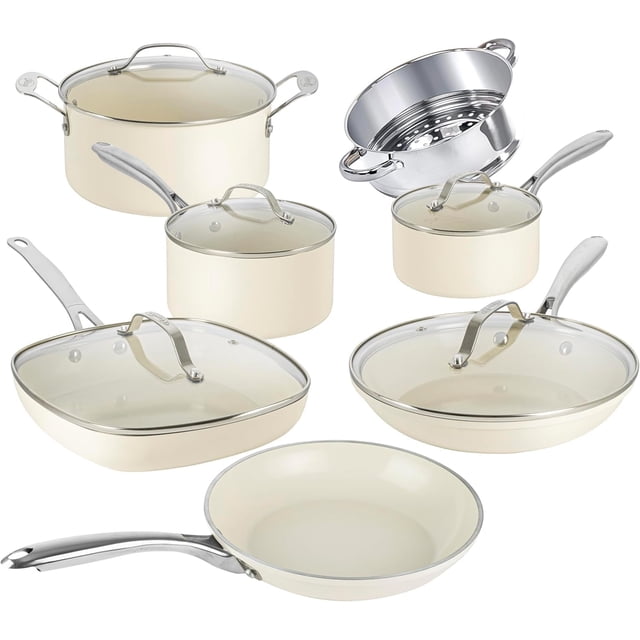 Gotham Steel 12Pc Pots and Pans Set Non Stick, Ceramic Cookware Set, Nonstick, Nontoxic, Oven & Dishwasher Safe, Stay Cool Handles Ceramic Cookware Set, No Forever Chemicals, Cream