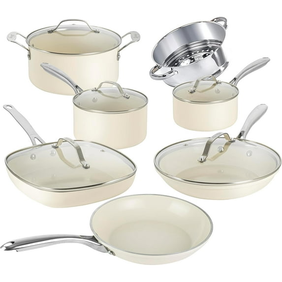 Gotham Steel 12-Piece Nonstick Ceramic Cookware Set with Stay Cool Handles, Cream