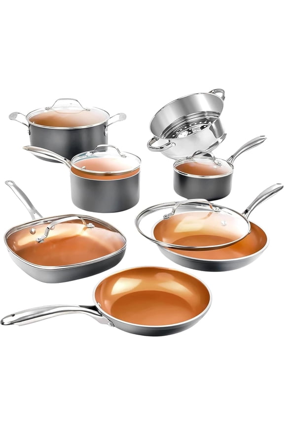 12Pc Pots and Pans Set Non Stick, Ceramic Cookware Set, Nonstick, Nontoxic, Oven & Dishwasher Safe, Stay Cool Handles Ceramic Cookware Set, No Forever Chemicals, Copper