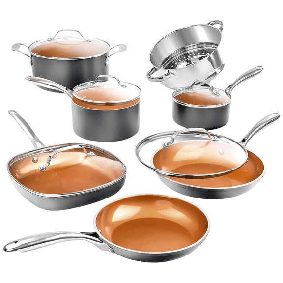 Gotham Steel 12 Pc Ceramic Cookware Set Nonstick, Ceramic Pots and Pans Set Non Stick with Steamer for Cooking, Non Toxic, Ergonomic Stay Cool Handles, Oven & Dishwasher Safe, Copper