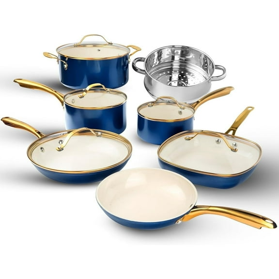 Gotham Steel 12 Pc Ceramic Pots and Pans Set Non Stick, Pot and Pan Set Ceramic Cookware Set Nonstick with Steamer for Cooking, Non Toxic, Premium Stay Cool Handles, Oven & Dishwasher Safe, Navy/Gold