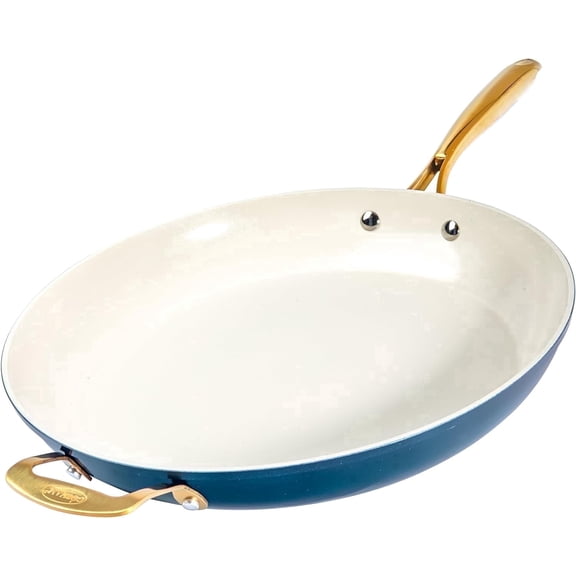 Gotham Steel 14 Inch Large Frying Pan, Ceramic Non Stick Frying Pans Skillet, Non Toxic Frying Pans Nonstick for Sauté & Cooking, Oven & Dishwasher Safe, Navy/Cream with Gold Handles