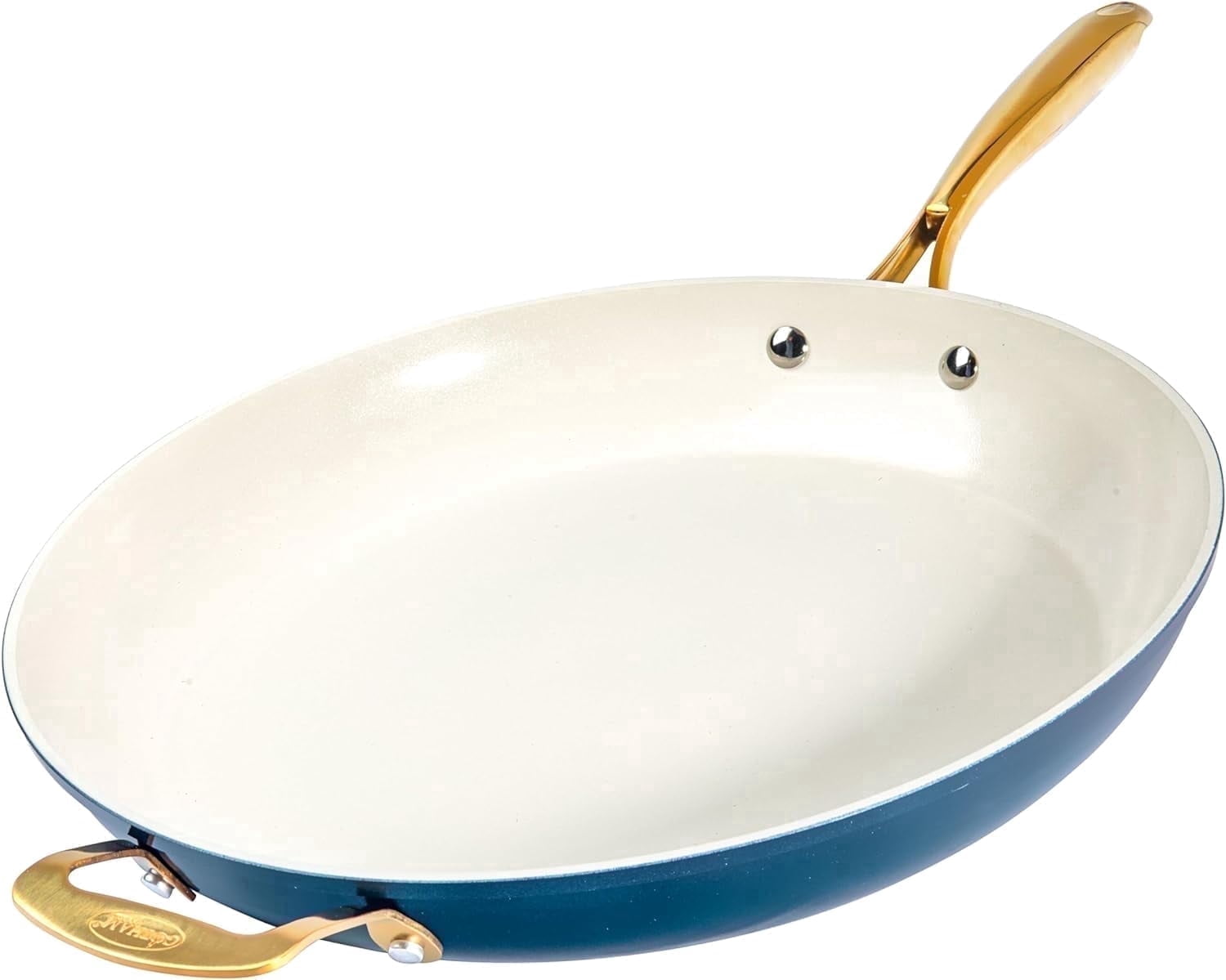 Gotham Steel 14 Inch Large Frying Pan with Lid, Ceramic Non Stick Frying Pans Skillet, Non Toxic Frying Pans Nonstick for Sauté & Cooking, Oven & Dishwasher Safe, Navy/Cream with Gold Handles