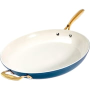 Gotham Steel 14 Inch Large Frying Pan with Lid, Ceramic Non Stick Frying Pans Skillet, Non Toxic Frying Pans Nonstick for Saut  & Cooking, Oven & Dishwasher Safe, Navy/Cream with Gold Handles