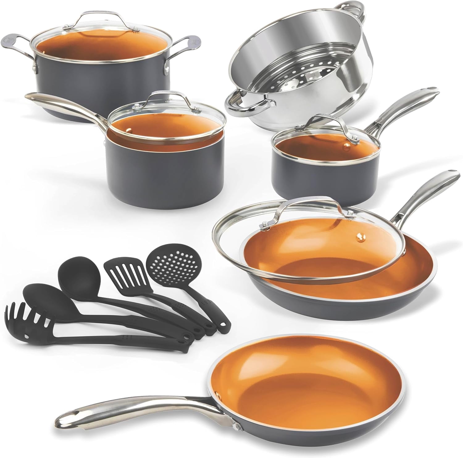 Gotham Steel 15 Pc Ceramic Pots and Pans Set Non Stick, Copper Cookeware Set with Utensils, Pot and Pan Set Nonstick, Induction Compatible with Stay Cool Handles, Copper
