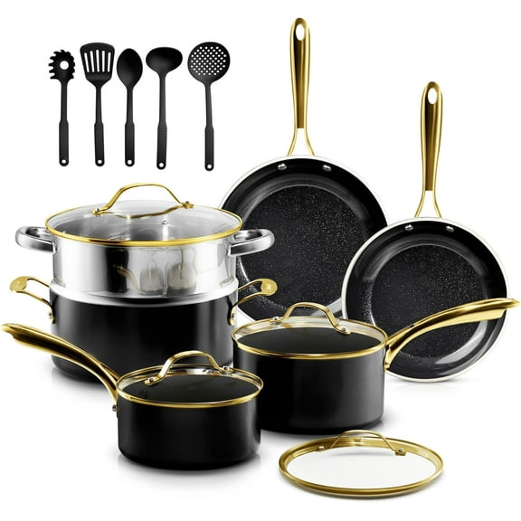 Gotham Steel 15 Pc Pots and Pans Set Non Stick, Upgraded Ceramic Cookware Set Nonstick, Pot and Pan Set with Steamer & Utensils, Non Toxic, Premium Stay Cool Handles, Oven & Dishwasher Safe, Black
