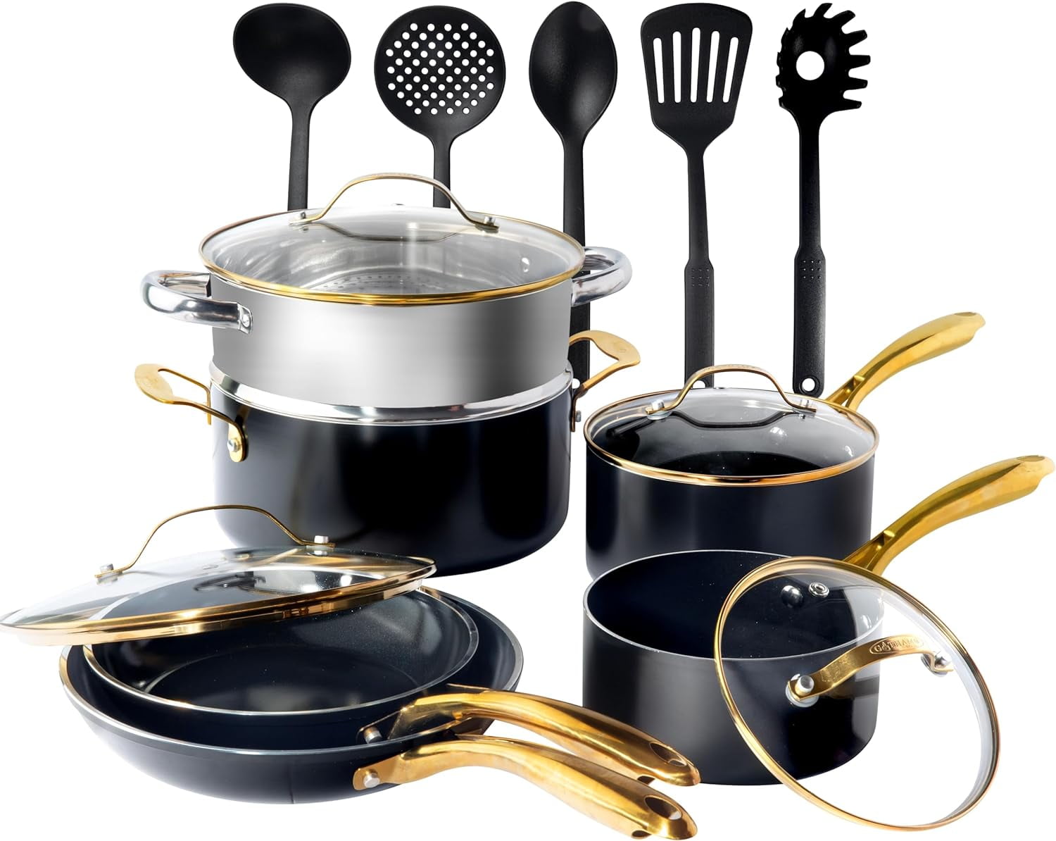Black and Gold 15-Piece Nonstick Ceramic Cookware Set with Utensils