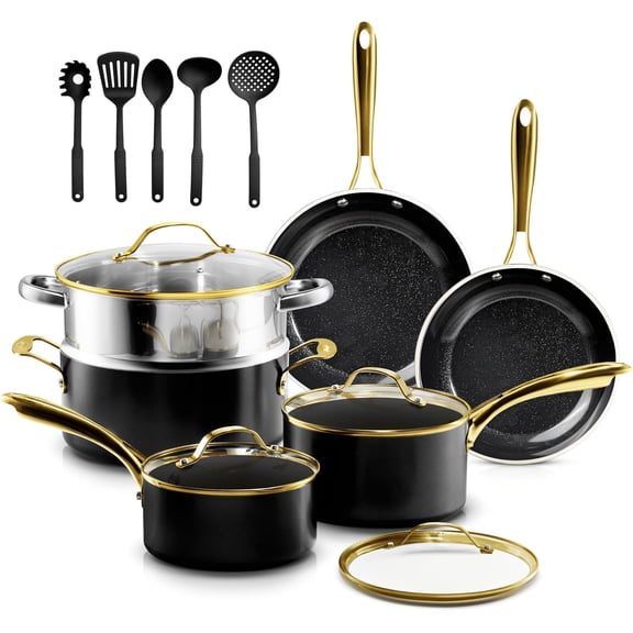 Gotham Steel 15 Pc Pots and Pans Set Non Stick, Upgraded Ceramic Cookware Set with Steamer and Utensils, Stay-Cool Handles, Oven & Dishwasher Safe, Black/Gold