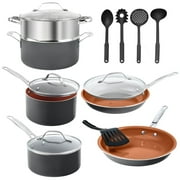 Gotham Steel 15 Pc Pots and Pans Set Non Stick, Cookware Set with Utensils, Nonstick Ceramic Pot and Pan Set, Titanium Infused and Diamond Reinforced, Dishwasher Safe, Gray