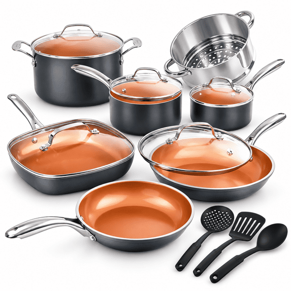 Gotham Steel 15 Piece Ceramic Cookware Set, Nonstick, Nontoxic, Oven & Dishwasher Safe, Stay Cool Handles Ceramic Cookware Set, Copper