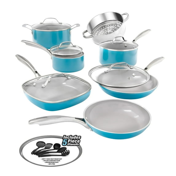 Gotham Steel 17 Piece Non-stick Cookware, Dishwasher Safe, Pots and Pans Set with Utensils, Ocean Blue