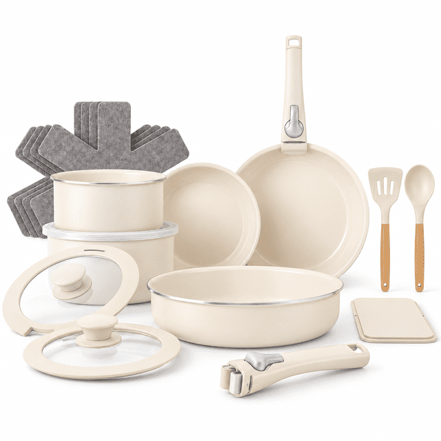 Gotham Steel 18 Pc Pots and Pans Set Non Stick, Ceramic Cookware Set with Detachable Handles, Induction Compatible, Non-Toxic, Oven & Dishwasher Safe, Stackable RV & Camping Cookware, Cream