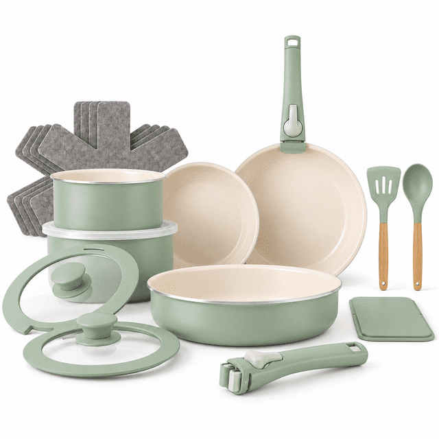 Gotham Steel 18 Pc Pots and Pans Set Non Stick, Ceramic Cookware Set with Detachable Handles, Induction Compatible, Non-Toxic, Oven & Dishwasher Safe, Stackable RV & Camping Cookware, Sage Green