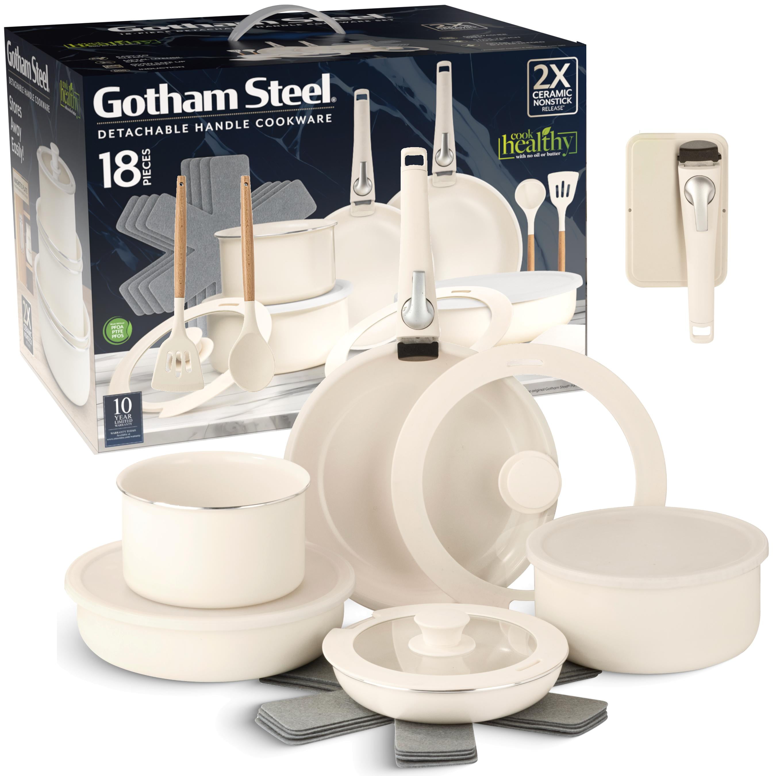Cream 18-Piece Nonstick Aluminum Cookware Set with Detachable Handles