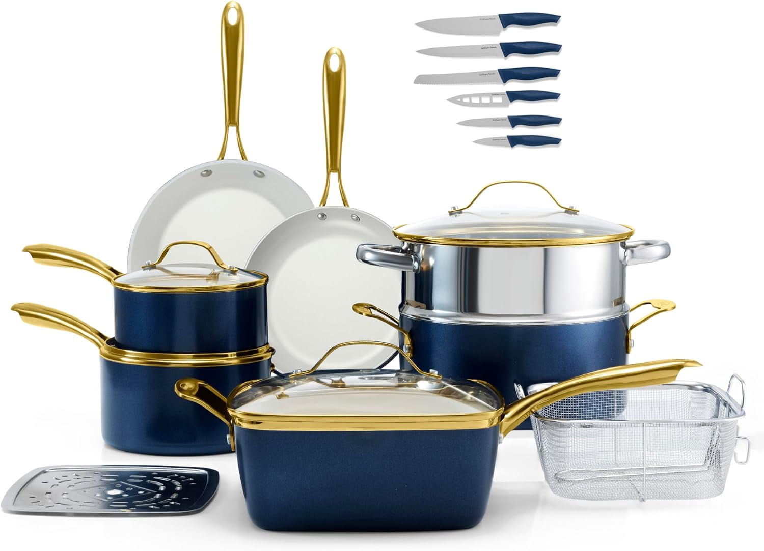 Gotham Steel 20 Pc Ceramic Pots and Pans Set Non Stick, Kitchen Cookware Sets with Knife Set, Pot and Pan Set, Ceramic Cookware Set, Non Stick Pots and Pan Set, Oven and Dishwasher Safe