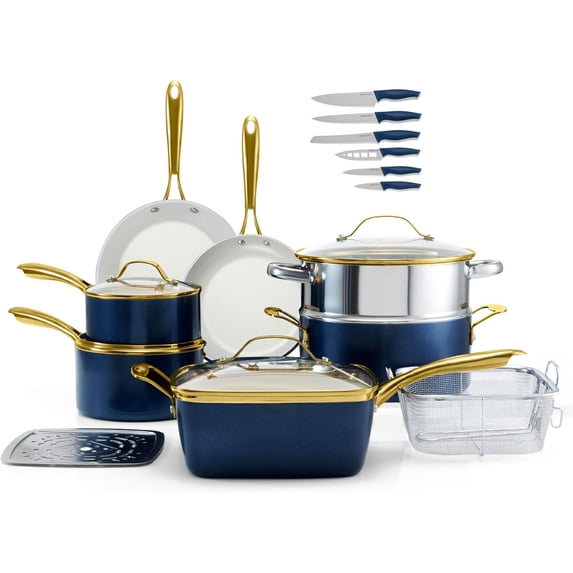 Gotham Steel 20 Pc Ceramic Pots and Pans Set Non Stick, Kitchen Cookware Sets with Knife Set, Pot and Pan Set, Ceramic Cookware Set, Non Stick Pots and Pan Set, Oven and Dishwasher Safe
