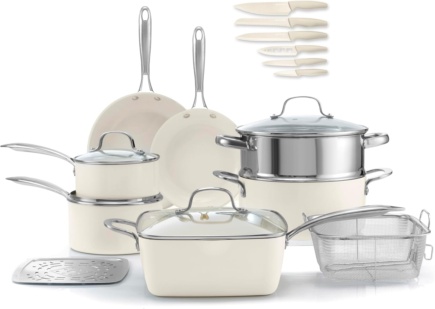 Gotham Steel 20 Pc Ceramic Pots and Pans Set Non Stick, Kitchen Cookware Sets with Knife Set, Pot and Pan Set, Ceramic Cookware Set, Non Stick Pots and Pan Set, Oven and Dishwasher Safe