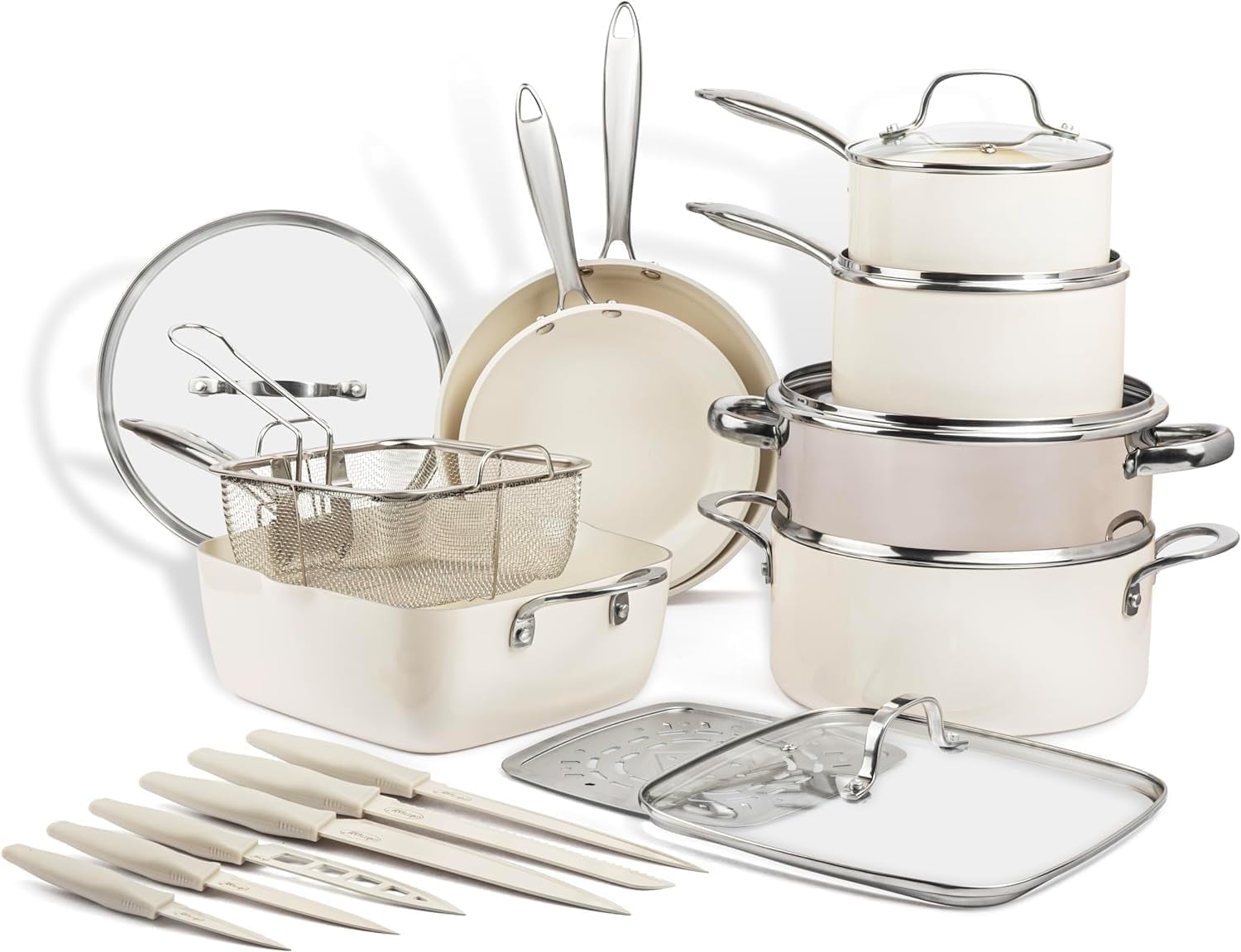 Gotham Steel 20 Pc Pots and Pans Set Non Stick Cookware Set, Kitchen Pot and Pan Set, Non Toxic Ceramic Cookware Sets, Nonstick Cookware Set, Lightweight, Dishwasher Safe, Cream - Walmart.com