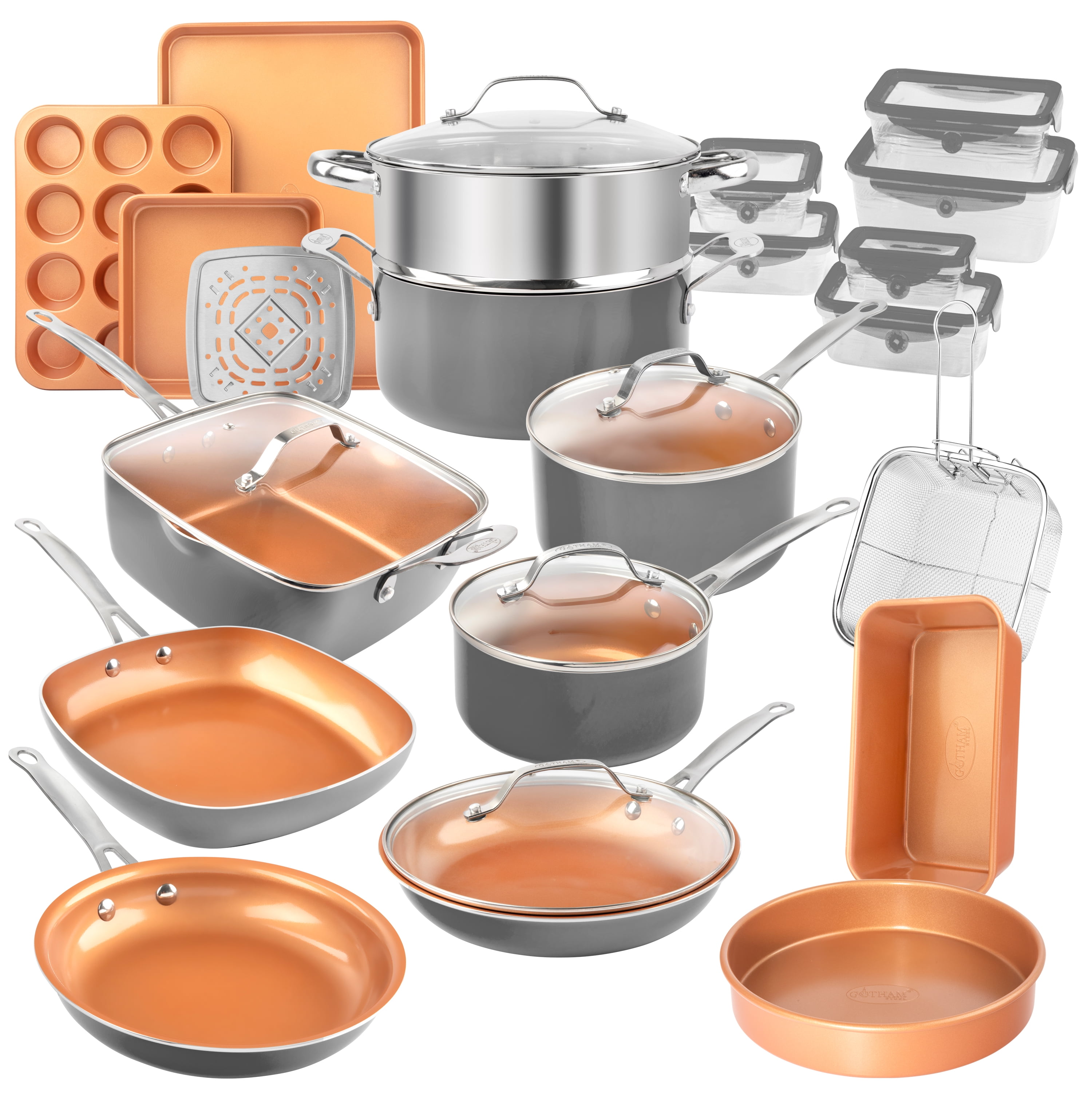 Gotham Steel 32 Piece Cookware Set, Bakeware and Food Storage Set, Nonstick Pots and Pans, Gray