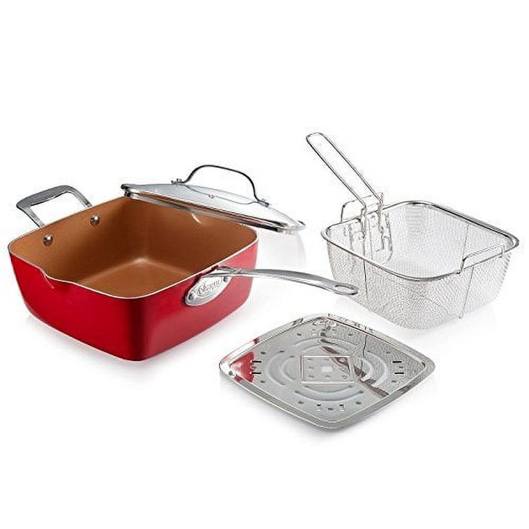 Red Copper 5 Piece Pan Set, Deep Square 10 in. Pan with Lid and Fry Basket,  As Seen on TV 