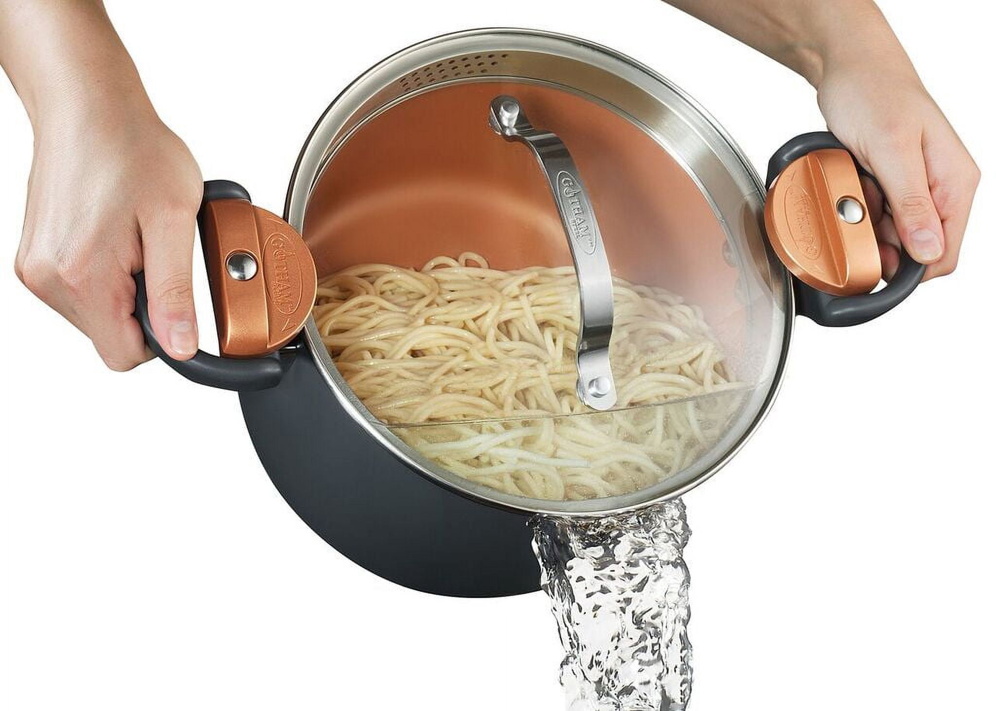 Gotham Steel 5 Qt Nonstick Pasta Pot Pasta Pot with Strainer Lid & Twist and Lock Handles, Multipurpose Ceramic Stock Pot, Soup Pot with Lid, Pasta Cooker, Spaghetti, Rice, Dishwasher Safe, Copper