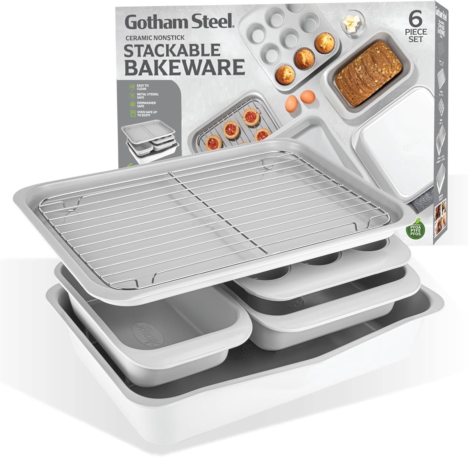 Gotham Steel 6 Pc Stackable Baking Pans Set Non Stick, 70% Space Saving Design, Nonstick Ceramic Bakeware Sets Non Toxic, with Baking Sheet Tray, Cake & Muffin Pans, Oven & Dishwasher Safe, White