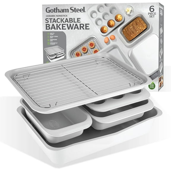 Gotham Steel 6 Pc Stackable Baking Pans Set Non Stick, 70% Space Saving Design, Nonstick Ceramic Bakeware Sets Non Toxic, with Baking Sheet Tray, Cake & Muffin Pans, Oven & Dishwasher Safe, White