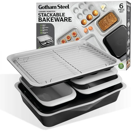 Gotham Steel 6 Pc Stackable Baking Pans Set Non Stick, 70% Space Saving Design, Nonstick Ceramic Bakeware Sets Non Toxic, with Baking Sheet Tray, Cake & Muffin Pans, Oven & Dishwasher Safe, Black