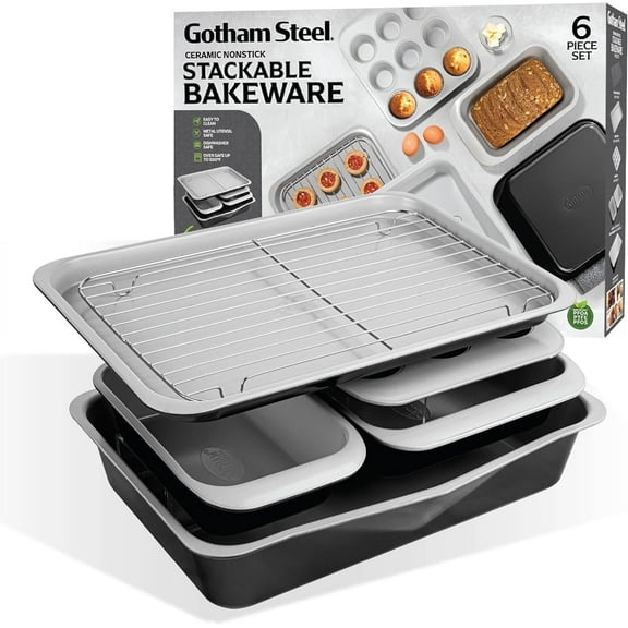Gotham Steel 6 Pc Stackable Baking Pans Set Non Stick, 70% Space Saving Design, Nonstick Ceramic Bakeware Sets Non Toxic, with Baking Sheet Tray, Cake & Muffin Pans, Oven & Dishwasher Safe, Black