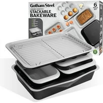 Gotham Steel 6 Pc Stackable Baking Pans Set Non Stick, 70% Space Saving Design, Nonstick Ceramic Bakeware Sets Non Toxic, with Baking Sheet Tray, Cake & Muffin Pans, Oven & Dishwasher Safe, Black
