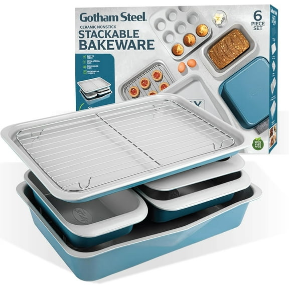 Gotham Steel 6 Pc Stackable Baking Pans Set Non Stick, 70% Space Saving Design, Nonstick Ceramic Bakeware Sets Non Toxic, with Baking Sheet Tray, Cake & Muffin Pans, Oven & Dishwasher Safe