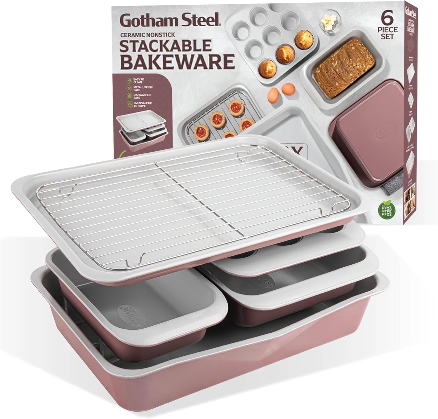 Gotham Steel 6 Pc Stackable Baking Pans Set Non Stick, 70% Space Saving Design, Nonstick Ceramic Bakeware Sets Non Toxic, with Baking Sheet Tray, Cake & Muffin Pans, Oven & Dishwasher Safe, Mauve