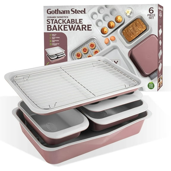 Gotham Steel 6 Pc Stackable Baking Pans Set Non Stick, 70% Space Saving Design, Nonstick Ceramic Bakeware Sets Non Toxic, with Baking Sheet Tray, Cake & Muffin Pans, Oven & Dishwasher Safe, Mauve