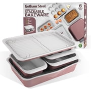 Gotham Steel 6 Pc Stackable Baking Pans Set Non Stick, 70% Space Saving Design, Nonstick Ceramic Bakeware Sets Non Toxic, with Baking Sheet Tray, Cake & Muffin Pans, Oven & Dishwasher Safe, Mauve