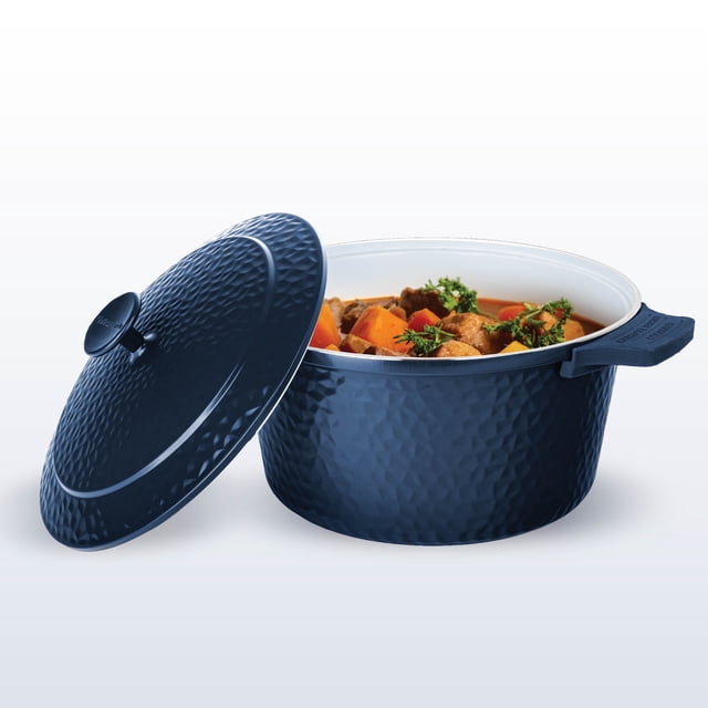Gotham Steel Ceramic Hammered 5 Qt Lightweight Dutch Oven Pot with Lid & Holders, Oven Safe & Even Heat Retaining Dutch Oven for Bread Baking Sourdough, Soup, 70% Lighter than Cast Iron, Navy