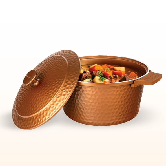 Gotham Steel Ceramic Hammered 5 Qt Lightweight Dutch Oven Pot with Lid & Holders, Oven Safe & Even Heat Retaining Dutch Oven for Bread Baking Sourdough, Soup, 70% Lighter than Cast Iron, Copper