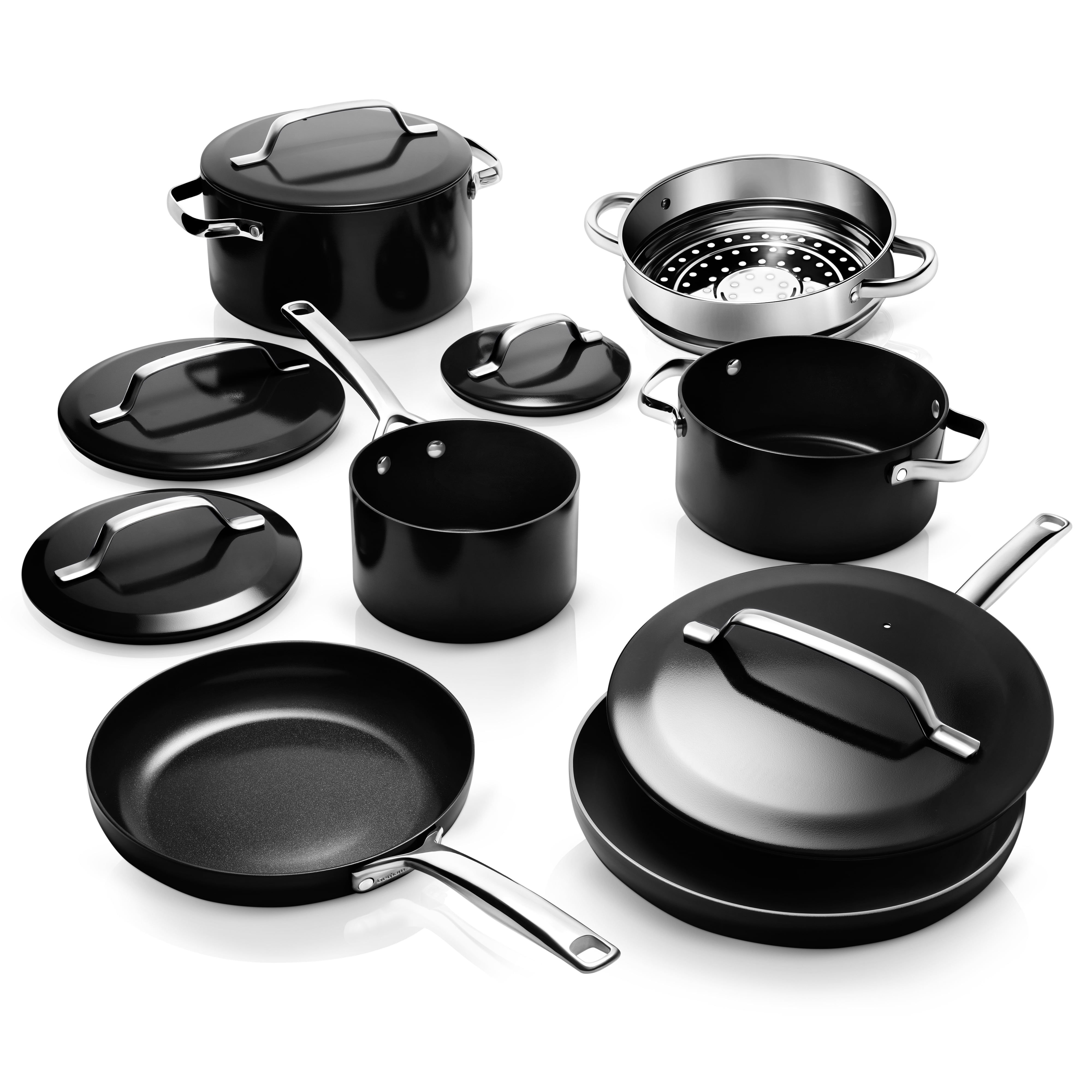 Modern Black 11-Piece Aluminum and Stainless Steel Nonstick Cookware Set