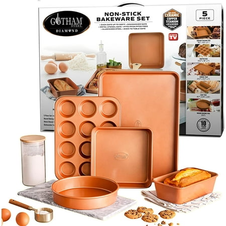 Gotham Steel Nonstick Baking Pans 5 Piece Cookie Sheet Ceramic Bakeware Set Dish Tray Oven Pan Casserole Jelly Roll