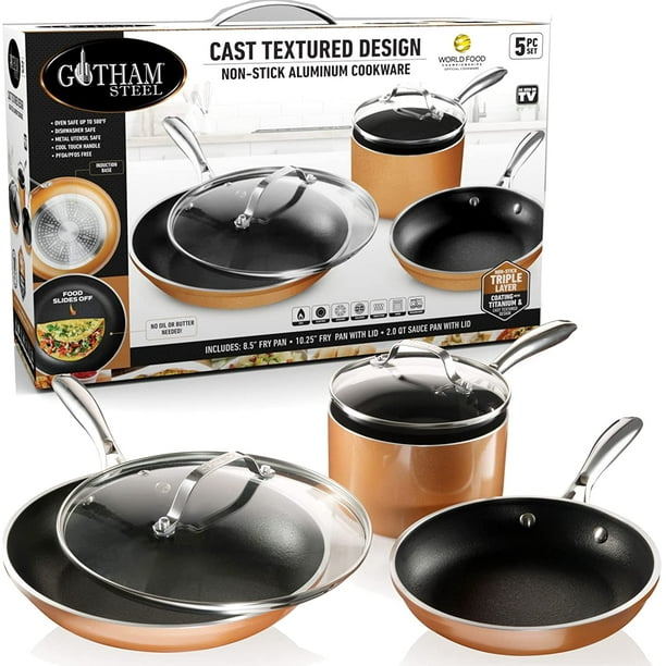 Gotham Steel Copper Cast 5 Piece Cookware Set NonStick Pots and Pans Set Dishwasher & Oven Safe
