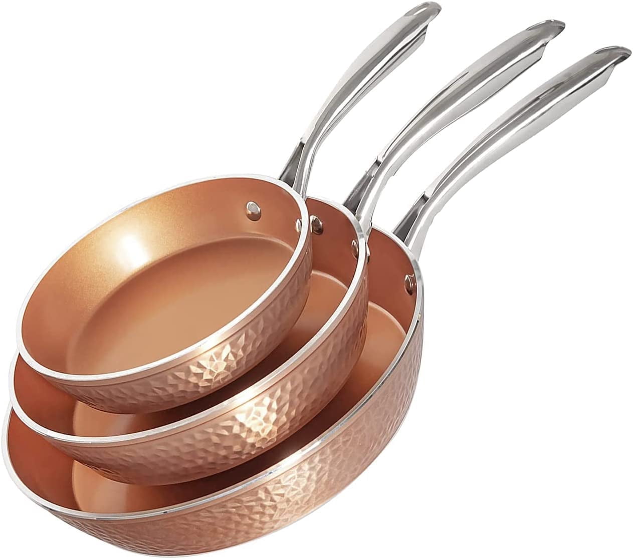 Gotham Steel Hammered Frying Pan Set, 3 Piece Nonstick Copper Fry Pans, 8”, 10” & 12” Skillet, Omelet Pan,  Dishwasher Safe, Cool Touch Handle