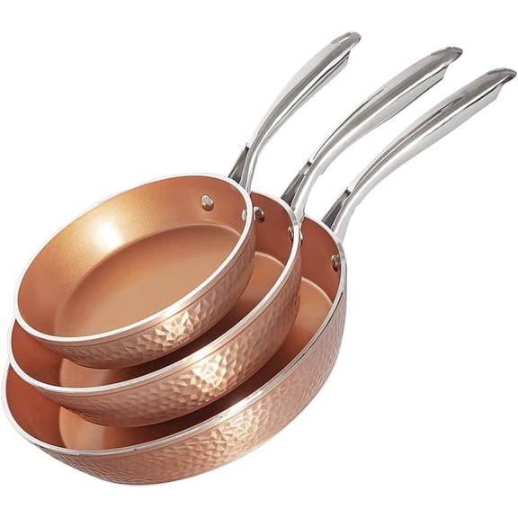 Gotham Steel Hammered Frying Pan Set, 3 Piece Nonstick Copper Fry Pans, 8, 10 & 12 Skillet, Omelet Pan,  Dishwasher Safe, Cool Touch Handle