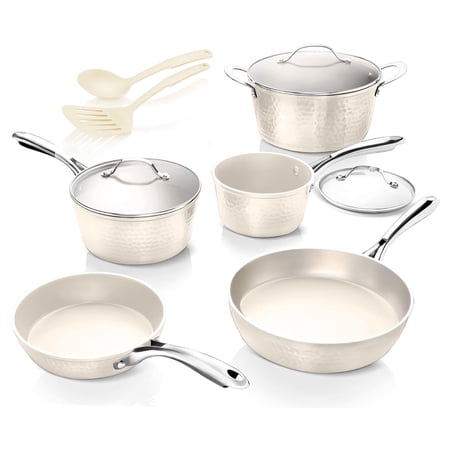 Gotham Steel Diamond Hammered Nonstick Pots and Pans 10 Piece Ceramic Kitchen Cookware Set Cream