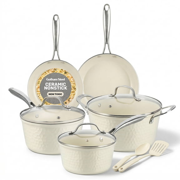 Gotham Steel Hammered 10Pc Pots and Pans Set Nonstick, Ceramic Cookware Set Nonstick, Induction Compatible, Non Toxic, Oven & Dishwasher Safe, Cream