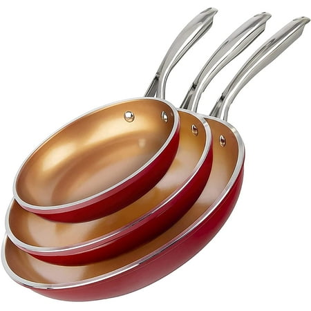 Gotham Steel Diamond Nonstick Frying Pan Set Piece 8" 10 12" Skillets Ceramic Cooking Pan Induction Oven Safe Red Copper