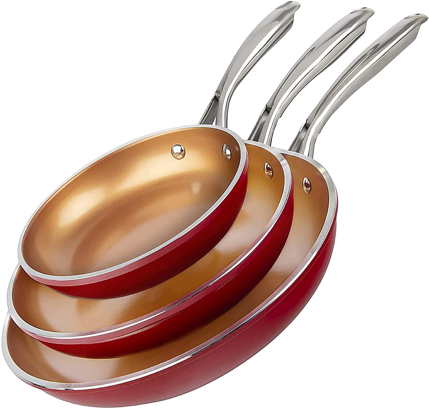 Gotham Steel Red Nonstick Ceramic Fry Pan Set, 8'', 10'' & 12''