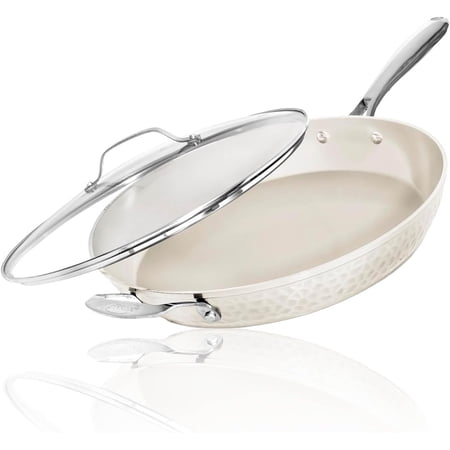 Gotham Steel 14 Inch Non Stick Frying Pans with Lid, Large Frying Pans Nonstick with Lid, Non Toxic Ceramic Pan Skillet, Nonstick Frying Pan, Induction Pan, Oven/Dishwasher Safe – Cream Hammered