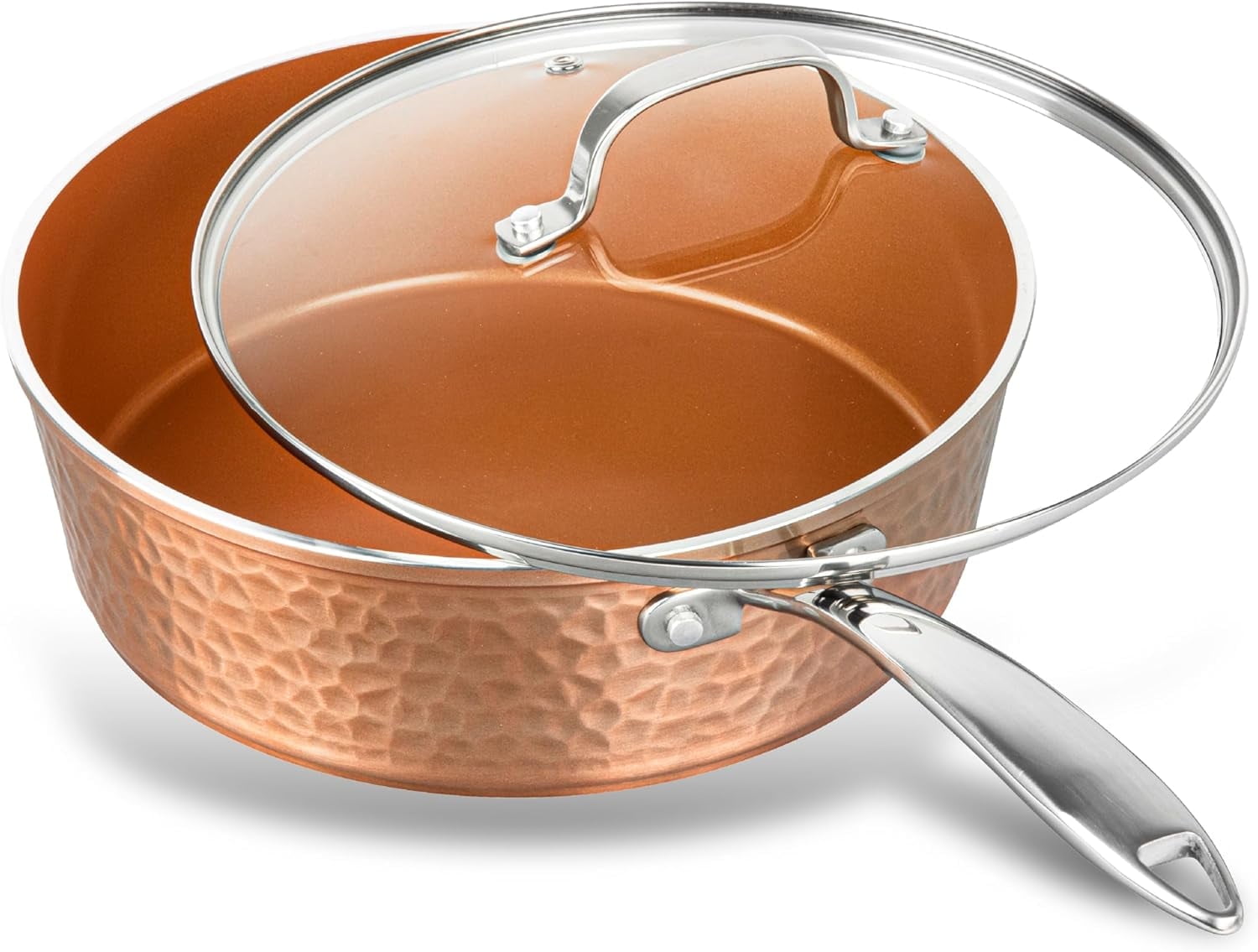 Gotham Steel Hammered 4 Quart Ceramic Frying Pan Non Stick with Lid, Nonstick Sauce Pan, Jumbo Cooker Cooking Pan Sauté Pan, Ceramic Family Pan, Frying Pans Nonstick with Lid, Copper