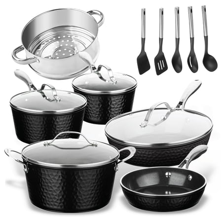 Gotham Steel Hammered 15 Pc Ceramic Pots and Pans Set Non stick, Ceramic Cookware Set with Utensils, Pots and Pans for Cooking, Non Toxic Pot and Pan Set, Kitchen Set, Oven/Dishwasher Safe, Black