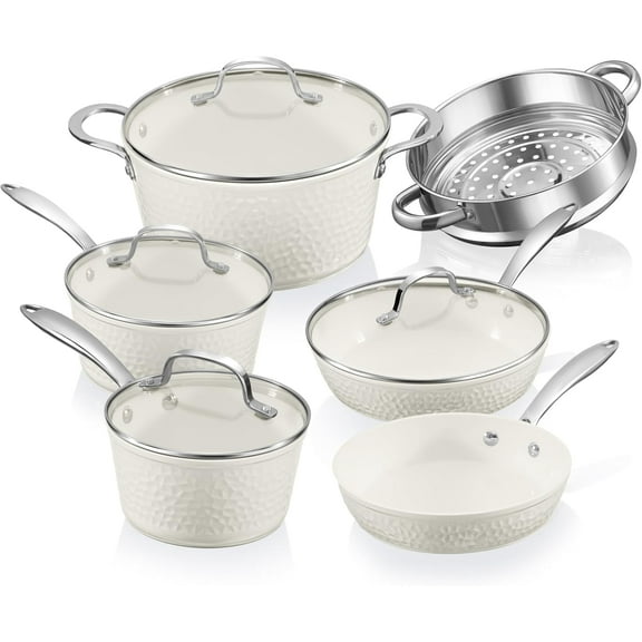 Open Box Gotham Steel Hammered 15 Pc Ceramic Pots and Pans Set Non stick, Ceramic Cookware Set with Utensils, Pots and Pans for Cooking, Non Toxic Pot and Pan Set, Kitchen Set, Oven/Dishwasher Safe, Cream